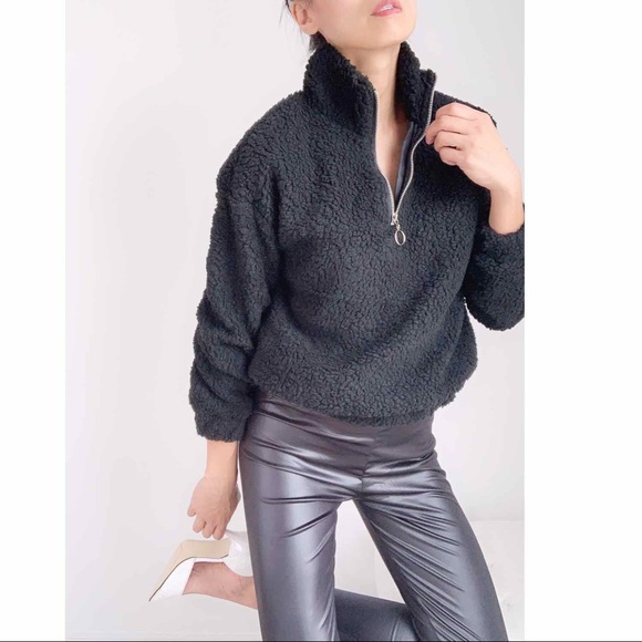 SHERPA HALF ZIP BOMBER SWEATER  - BLACK - Picture 10 of 14